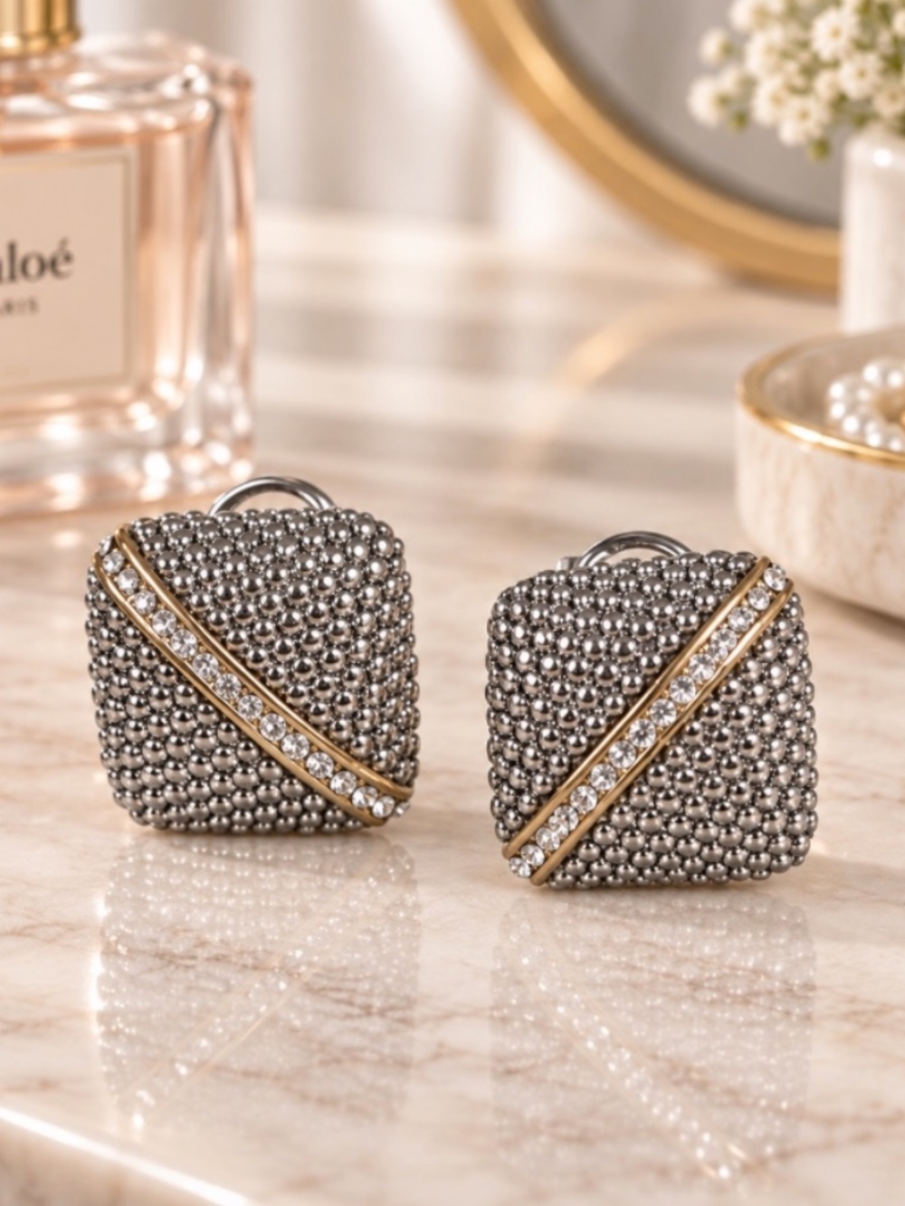 Silver and rhinestone earrings with Gold Accents for Pierced Ears